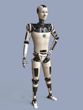 Kendinden emin duruşu ve yüz ifadesi olan gelecekçi insansı robot, 3 boyutlu illüstrasyon