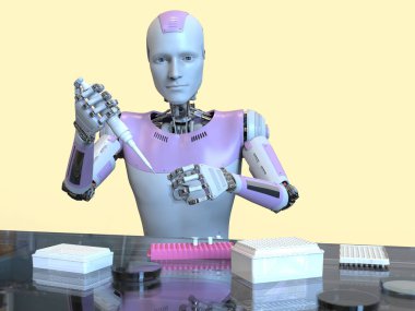 Laboratuvarda pipet ve tüple çalışan insansı bir robot, kavramsal 3 boyutlu çizim. Yapay zeka, bilimin otomasyonu, araştırma ve klinik tanı konsepti