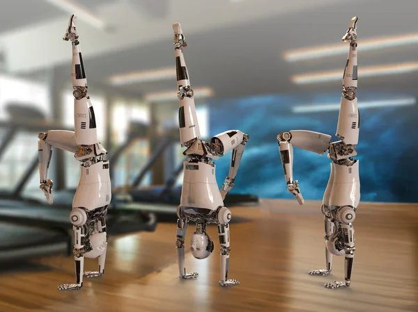 Tres Robots Humanoides Posición Yoga Gimnasio Ilustración —  Fotos de Stock