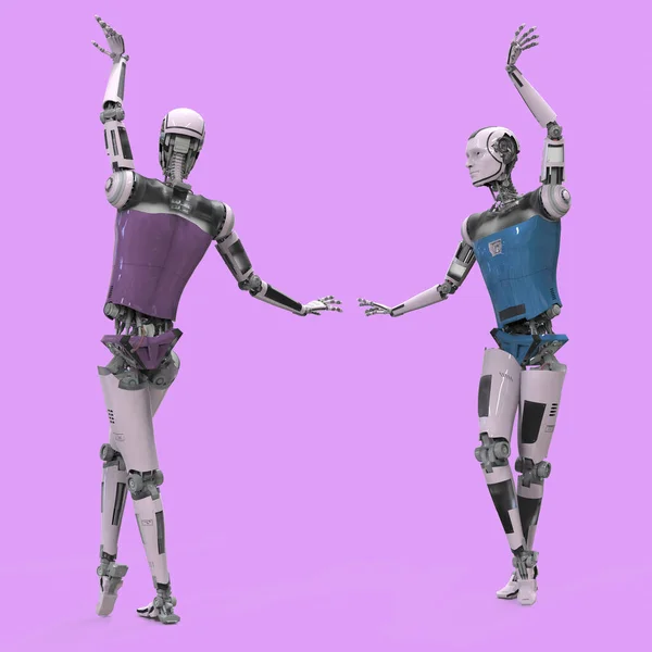 Robot ballet dancers, 3D illustration. Dancing humanoid robot. Android, humanoid, cyborg artificial intelligence concept. Futuristic art, technology and science fiction