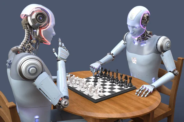 Premium AI Image  Robot With Humanlike Face Playing Chess Against Computer  Screen Displaying Virtual Opponent Generative AI