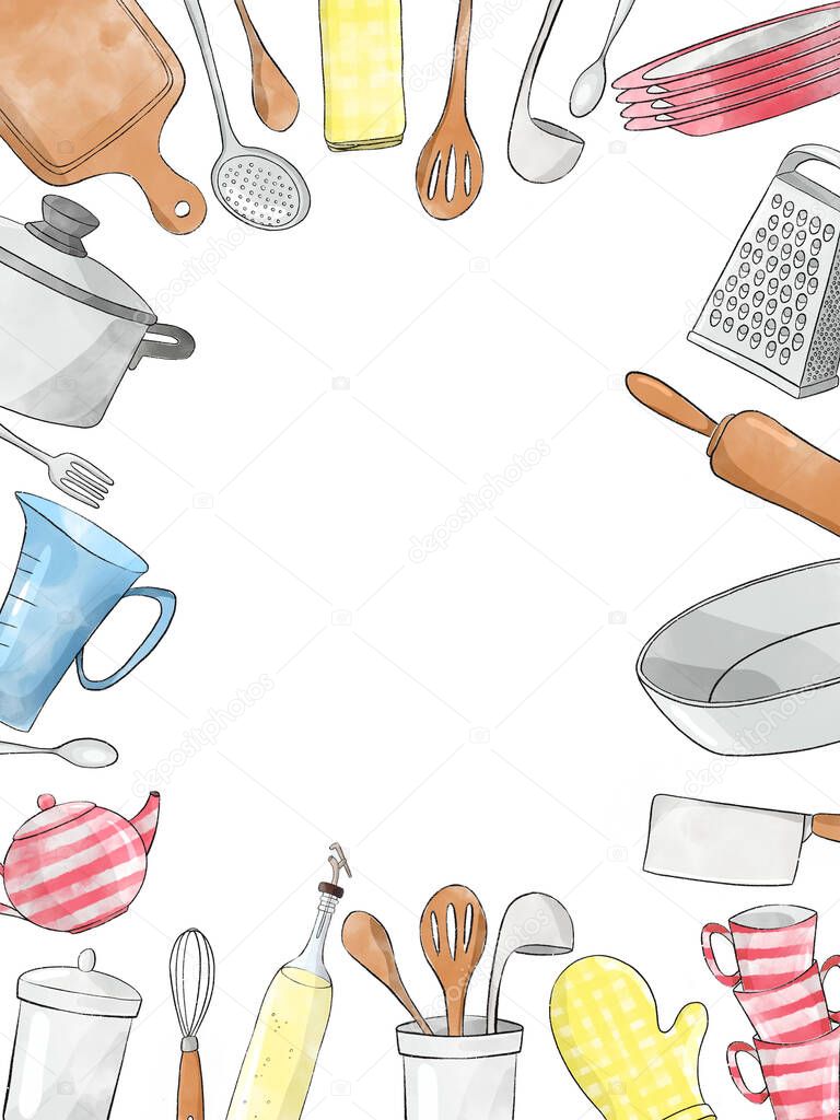 Composición Circular Utensilios Cocina Estilo Plano Dibujos Animados Sobre  Fondo Ilustración de stock por © ANNAVaulina # 519097854
