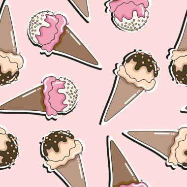 Renkli Doodle vektörsüz desen, pembe arka planda dondurma külahları. Yazdır.