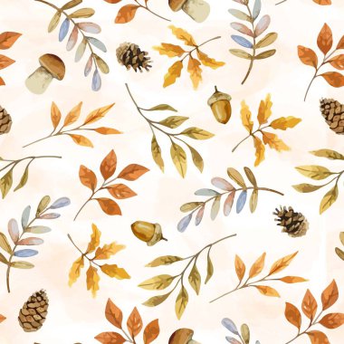 Meşe palamudu, kozalak ve sonbahar yapraklarıyla kusursuz desen. Duvar kağıdı, hediye kağıdı, şablon dolgusu, web sayfası arkaplanı, sonbahar tebrik kartları için mükemmel. Vektör illüstrasyonu. Yazdır.