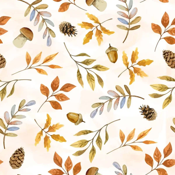 Meşe palamudu, kozalak ve sonbahar yapraklarıyla kusursuz desen. Duvar kağıdı, hediye kağıdı, şablon dolgusu, web sayfası arkaplanı, sonbahar tebrik kartları için mükemmel. Vektör illüstrasyonu. Yazdır.