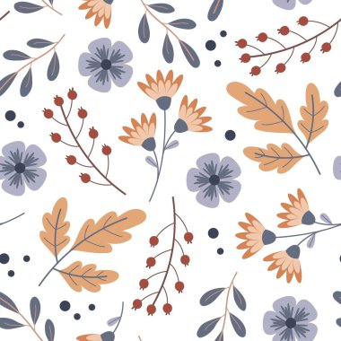 Rengarenk sonbahar sonbaharı, yaprakları ve çiçekleri olan kusursuz desen. Yazdır.