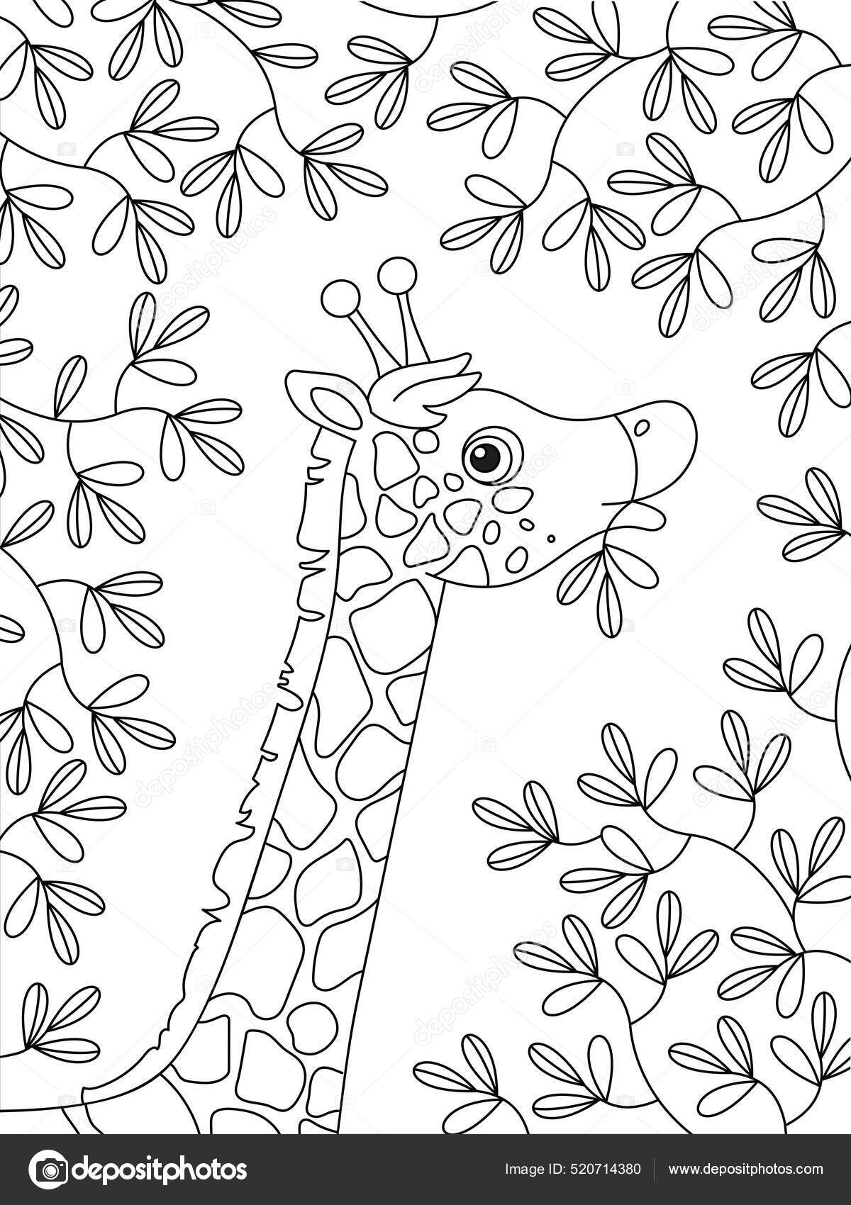 Coloring Book Page Children Long Necked Spotted Giraffe Eating Leaves ...