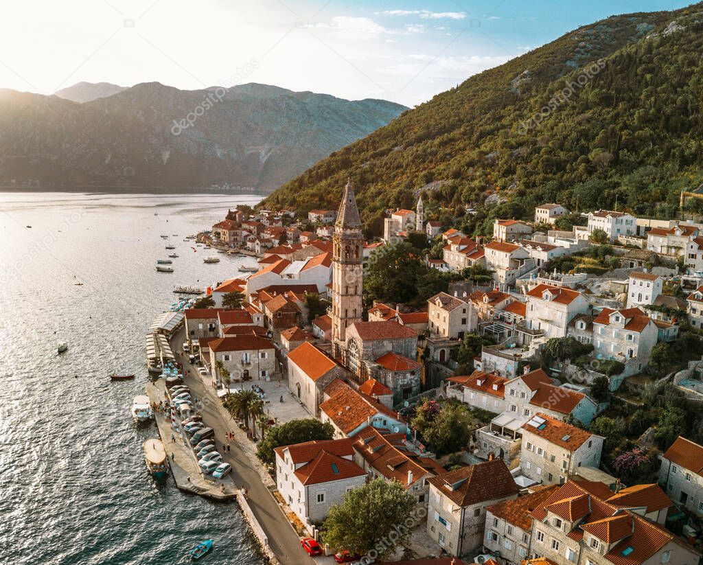 Drone view of a beautiful coastal town in Montenegro, Perast