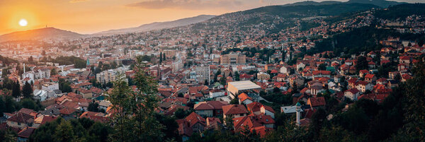 Panorama of nearly entire city of Sarajevo during sunset