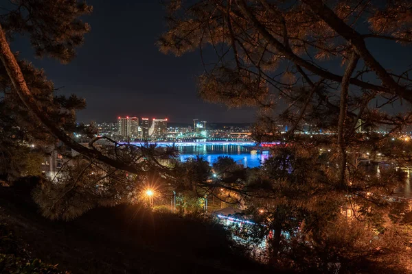 Panorama Nocturno Belgrado Frente Mar Desde Fortaleza Kalemegdan —  Fotos de Stock