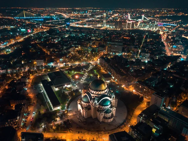 Noche Drones Larga Exposición Del Templo San Sava Resto Belgrado —  Fotos de Stock