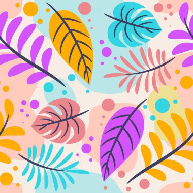 Seamless floral pattern with tropical leaves. Colorful hand drawn organic shapes pattern
