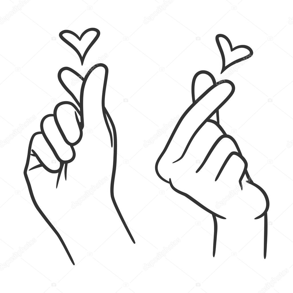 Hand with fingers in heart shape. Cute finger hearth gesture. Saranghae. Korean sign