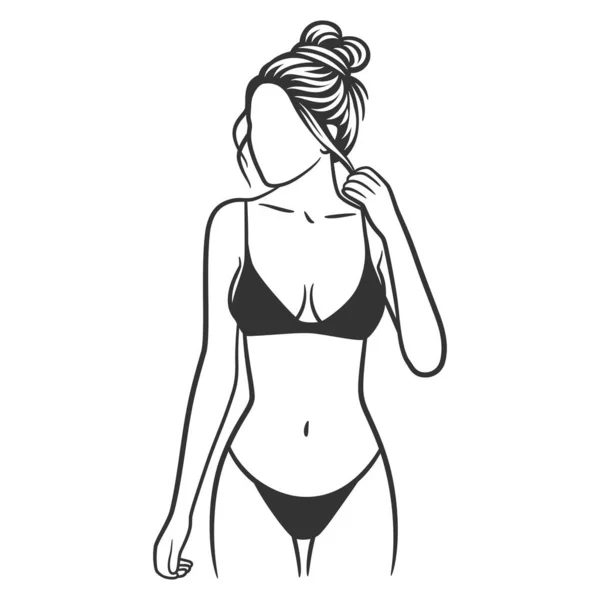 Hermosa Chica Bikini Dibujo Blanco Negro Hermosa Mujer Con Curvas — Vector de stock