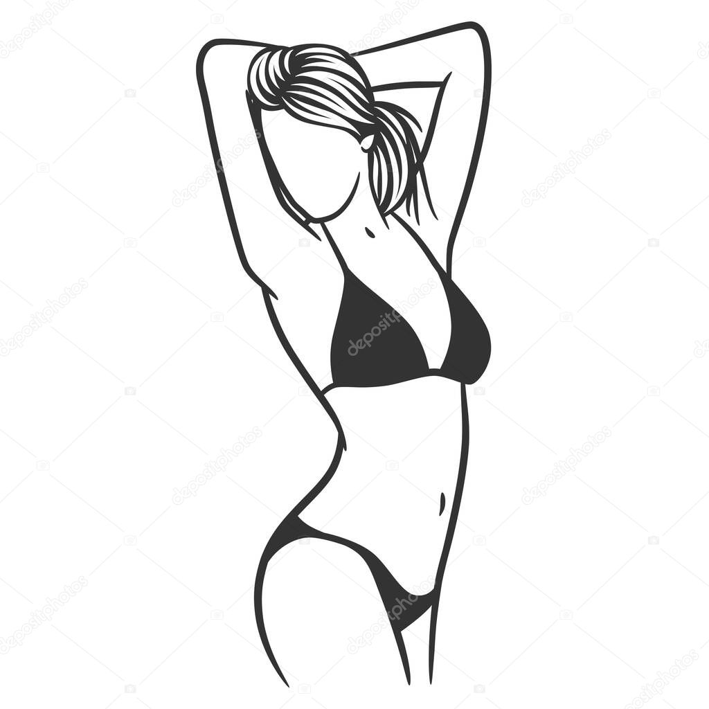 Beautiful girl in bikini black and white drawing. Beautiful curvy woman body line art illustration