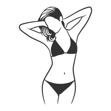 Beautiful girl in bikini black and white drawing. Beautiful curvy woman body line art illustration