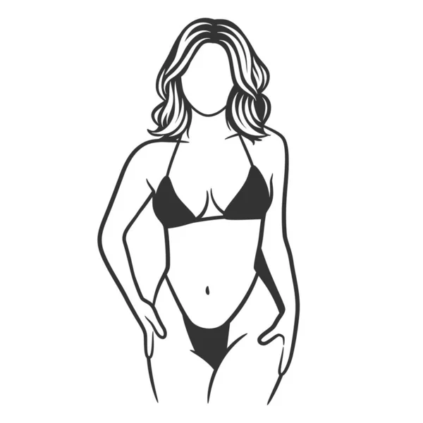 Beautiful Girl Bikini Black White Drawing Beautiful Curvy Woman Body — Vetor de Stock