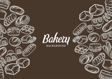 Vintage bakery background with sketched bread vector illustration. Bakery or bakehouse menu