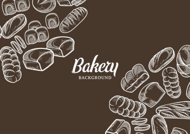 Vintage bakery background with sketched bread vector illustration. Bakery or bakehouse menu