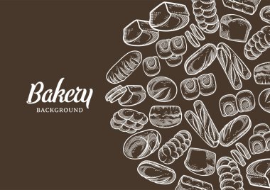 Vintage bakery background with sketched bread vector illustration. Bakery or bakehouse menu