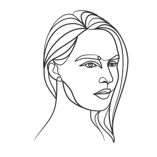 Continuous Line Drawing Woman Face Cute Female Linear Portrait One — Stock Vector