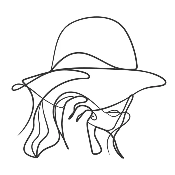 Continuous Line Art Drawing Woman Face Hat One Line Woman — Stock Vector