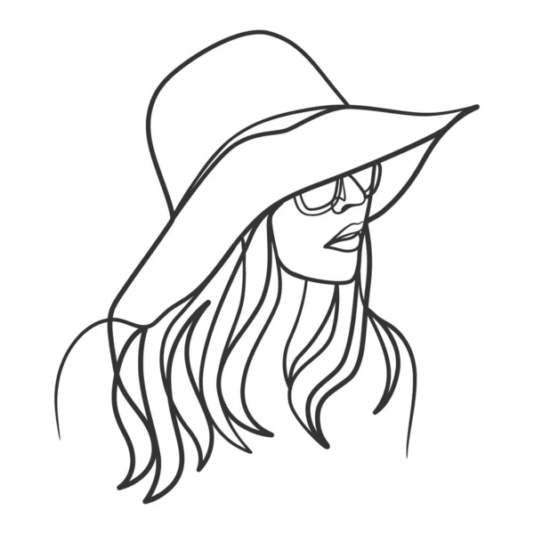 帽子で女性の顔の連続線画 一人の女性の肖像 — ストックベクタ