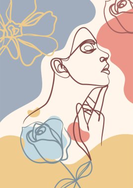 Kadın bir çizim posterine bakıyor. Devamlı çizgi çizme stili. Kadın güzellik minimalisti