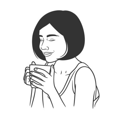 Kahve ya da çay içen kadınların çizimleri. Bir fincan kahve ya da çayla rahatlayan bir kadın