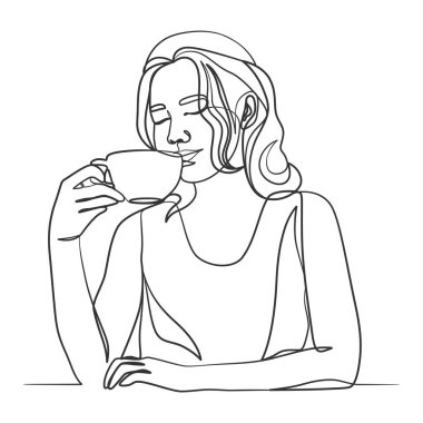 Kahve içen bir kadının sürekli bir çizimi. Kahve bir çizgi çizim.