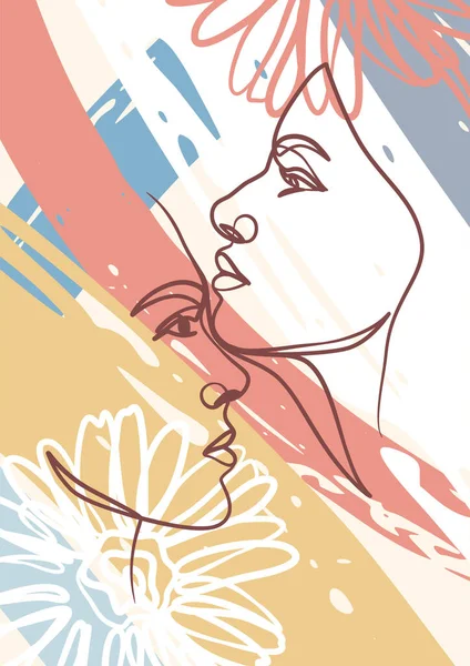 Kadın bir çizim posterine bakıyor. Devamlı çizgi çizme stili. Kadın güzellik minimalisti