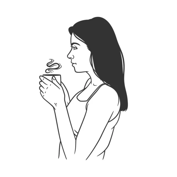 Линейный Рисунок Женщин Пьющих Кофе Чай Женщина Расслабляется Чашкой Кофе — стоковый вектор