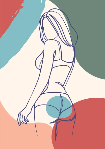 Affiche Art Une Ligne Continue Corps Femme Bikini Jeune Fille — Image vectorielle