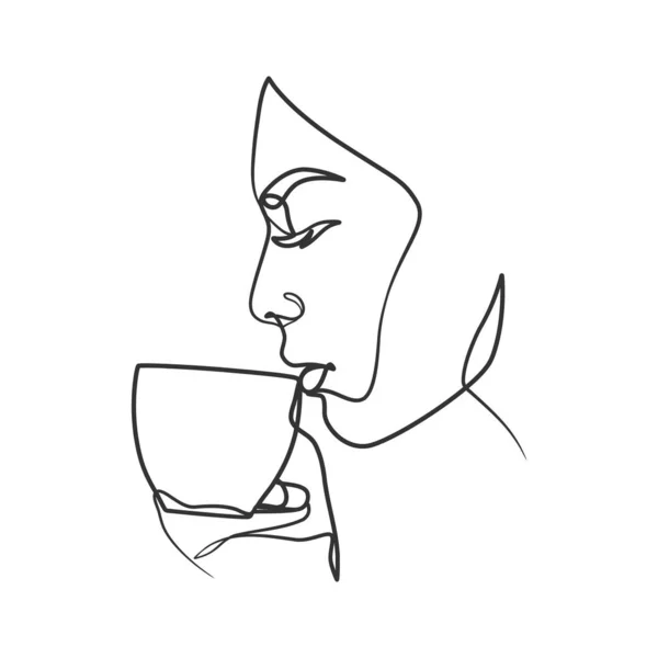 Kontinuerlig Linje Konst Ritning Kvinna Dricka Kaffe Kaffe Linje Konst — Stock vektor