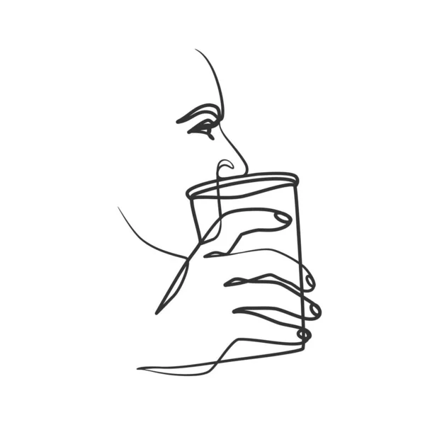 Dibujo Continuo Una Línea Arte Mujer Bebiendo Café Café Dibujo — Vector de stock