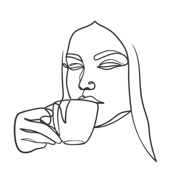 コーヒーを飲む女性の連続1行のアートドローイング コーヒー オンラインアートドローイング — ストックベクタ