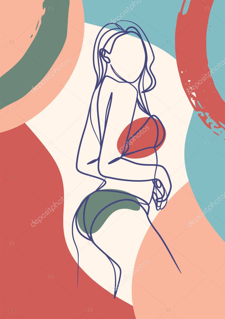 Continuous one line art poster of woman body in bikini. Young girl beauty minimalist.