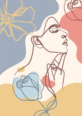 Kadın bir çizim posterine bakıyor. Devamlı çizgi çizme stili. Kadın güzellik minimalisti