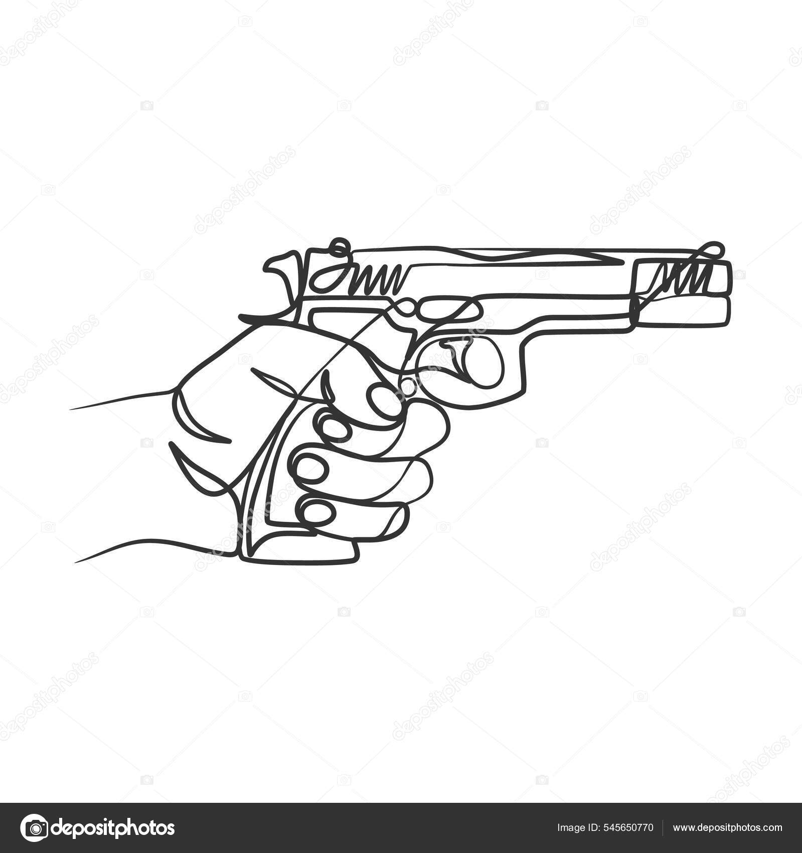 mão única de desenho de uma linha segurando a arma através do