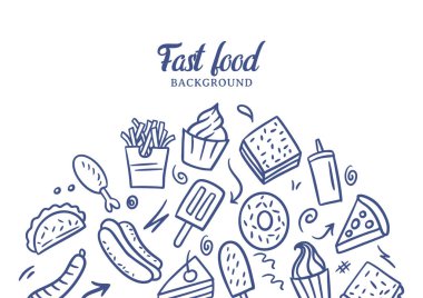 Fast food vektör geçmişini karalıyor. Sokak yemekleri arka planı. Atıştırma koleksiyonu. Abur cubur