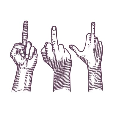 Set of hand with middle finger up in engraving style. Middle finger hand drawn sign. Fuck you symbol