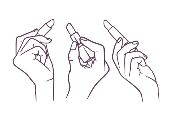 Kvinnliga Hand Hålla Läppstift Linje Konst Vektor Illustration Set Eleganta — Stock vektor