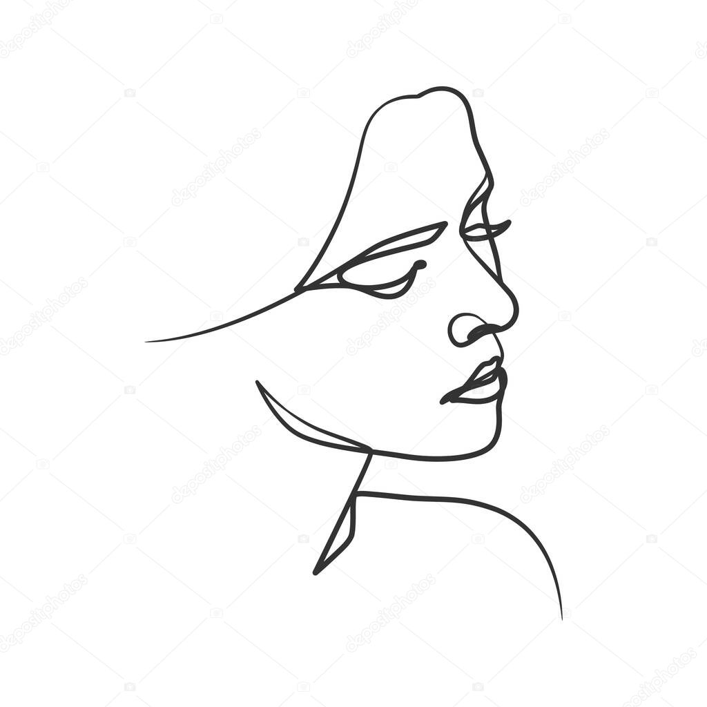 Continuous line drawing of woman face. Cute female linear portrait. One line woman portrait