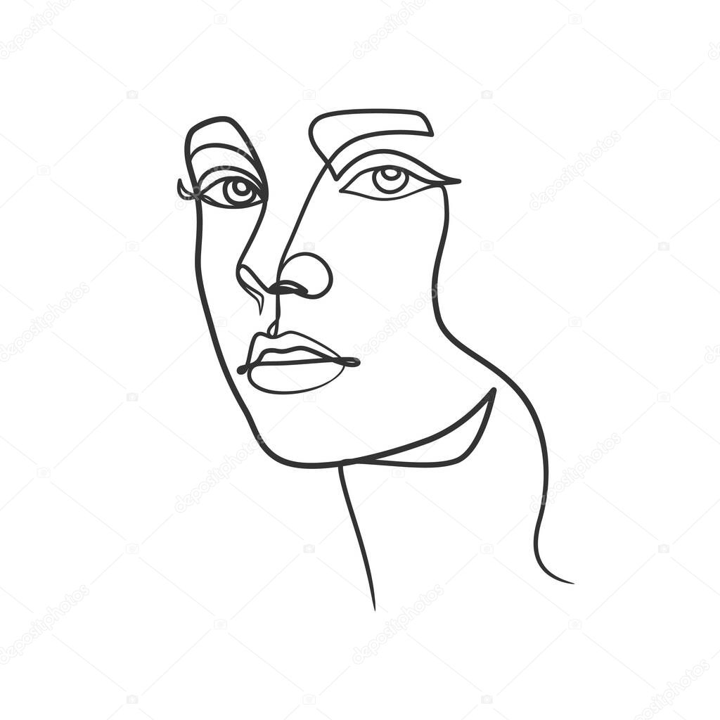 Continuous line drawing of woman face. Cute female linear portrait. One line woman portrait