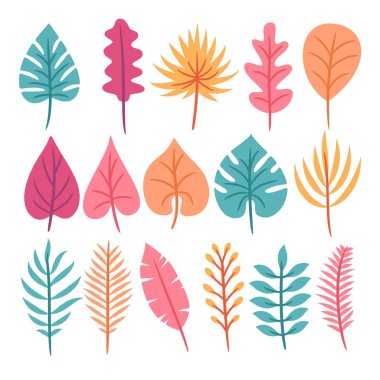 Tropik olarak geriye botanik vektör koleksiyonu kalıyor. Tropikal yaprak vektörü kümesi. Tropikal yapraklar