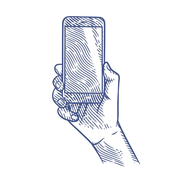 Рука Держит Смартфон Стиле Гравировки Иллюстрация Рукоятки Смартфона — стоковый вектор