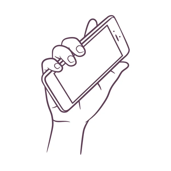 Desenho Arte Linha Mão Segurando Telefone Inteligente Desenho Esboço Mão — Vetor de Stock