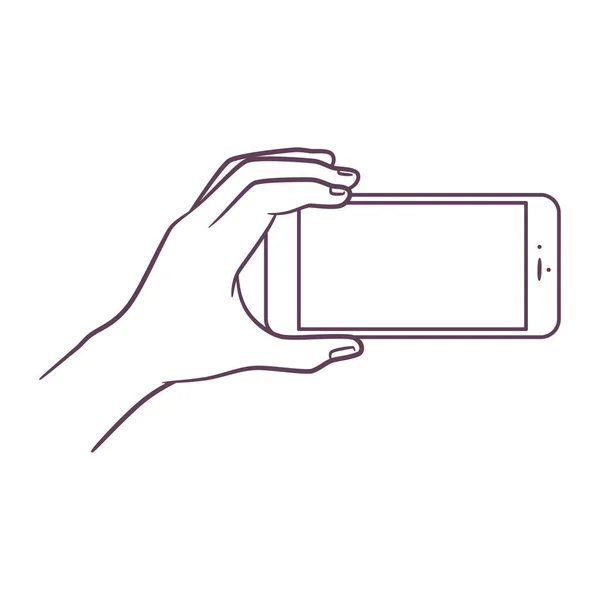 Desenho Arte Linha Mão Segurando Telefone Inteligente Desenho Esboço Mão — Vetor de Stock