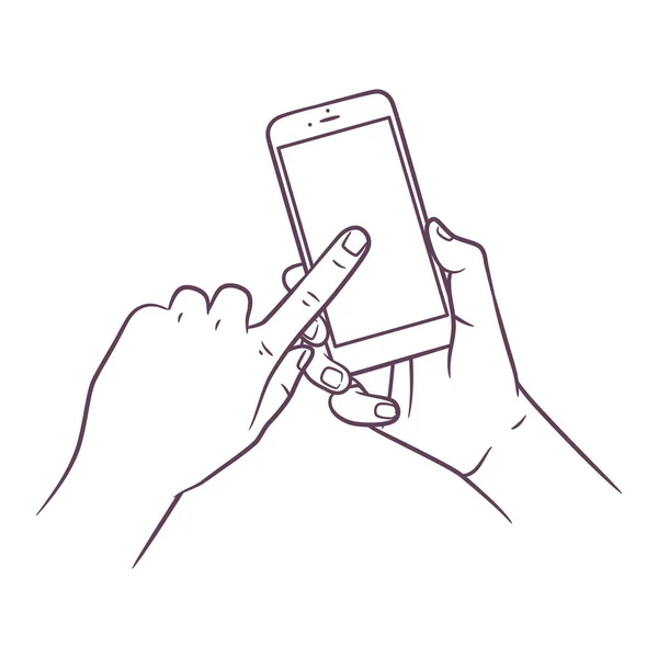 Disegno Arte Linea Mano Che Tiene Smartphone Outline Disegno Mano — Vettoriale Stock