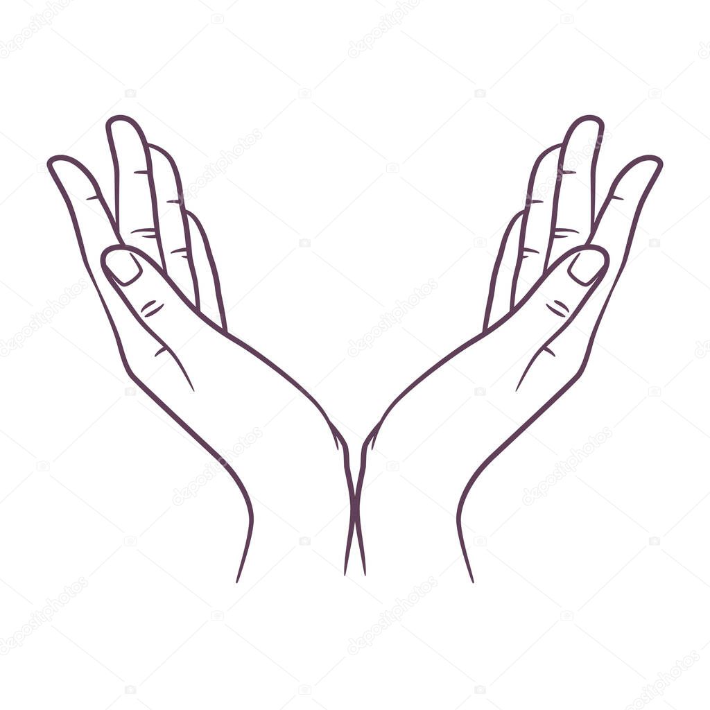 Line art drawing of praying hand. Outline drawing hands in praying position. Praying hands